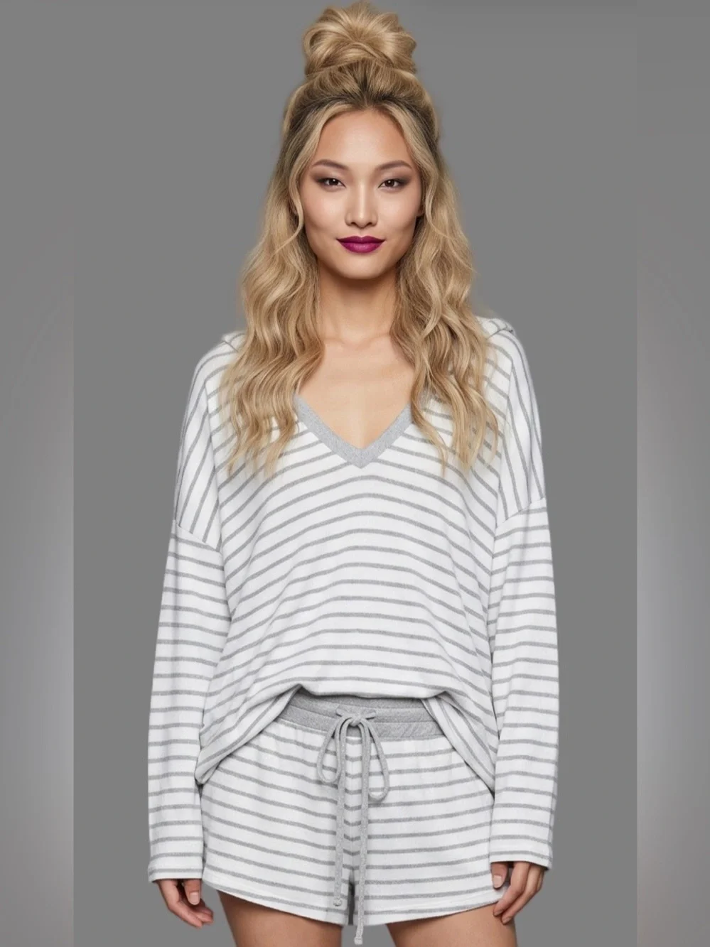 LULUs White Light Gray Striped V Neck Longsleeve Hooded Lounge Set Top & Shorts